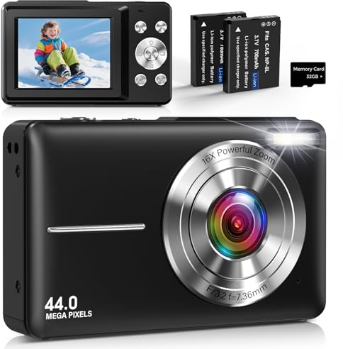 Digitalkamera Kompakte Kamera Fotokamera mit 44MP Foto, 1080P Video, 2,4 Zoll IPS Bildschirm, 16X Digitalzoom, 32GB TF-Karte, 2 Batterien, Geeignet für Jugendliche & Jungen, Mädchen Schwarz