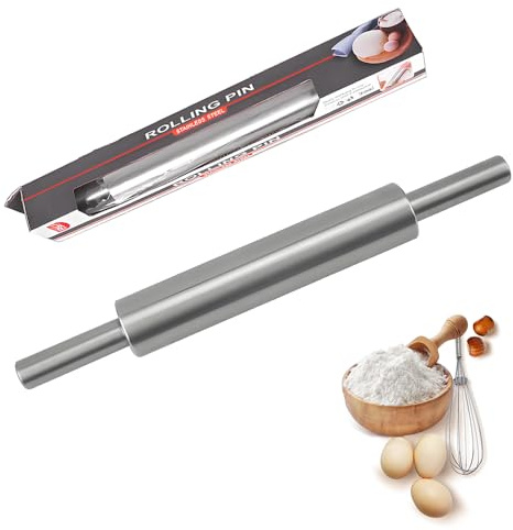 Nudelholz Edelstahl, Antihaft Teigroller Edelstahl, 43 cm Drehbare Teigrolle mit Griff, Nahtloses Gerades Teigrolle, Backzubehör Rolling Pin für Pizza Fondant Kuchen Hefeteig Knetteig