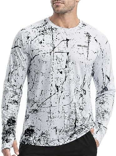 WELIGU Men's Rash Vest Rash Guard Long Sleeve UPF 50+ UV Swim Top Quick Dry | Thumb Holes, Quick Dry, Lightweight, Breathable, Moisture Wicking, 4-Way Stretch, Relaxed Fit, Graphic Print, Watersports