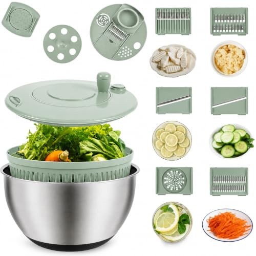Salad Spinner Stainless Steel, 4L 5-in-1 Lettuce Dryer with Spin, Wash, Shredder, Juicer and Egg Yolk Strainer, Vegetable Washer Bowl, 5 Blades, Thickened Non-Slip Base for Quick Salad Prep