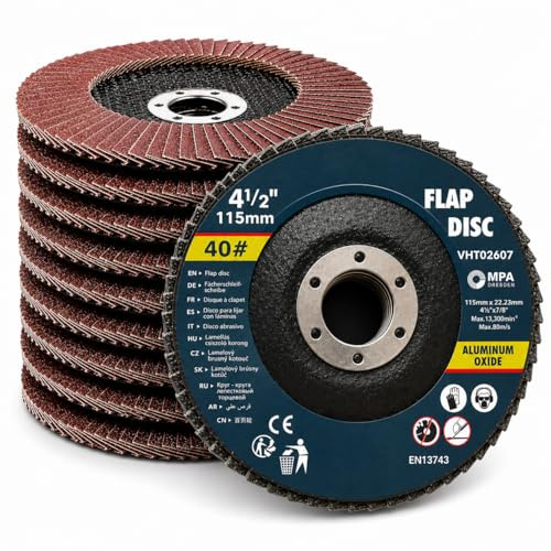 Topolenashop 10 Dischi Lamellari Abrasivi Ø115 mm Grana 40, Foro 22,23 mm, Ossido di Alluminio per Smerigliatrice Angolare, Sgrossatura Metallo Legno Vernici VHT02607