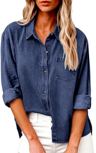 Damskjorta i denim med knäppning, V-ringning, ficka, lös passform, lediga blusar, mjukt denimtyg med knappar framtill, Marinblått Xsp, M