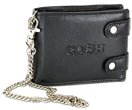 CA$H - Portemonnaie Biker Geldbörse mit Sicherheits-Kette - Herren Echt-Leder Portemonnaie - Schwarz