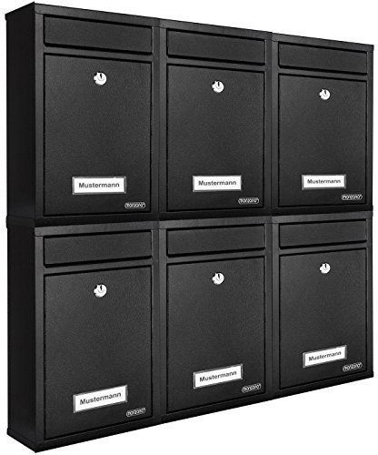 MONZANA® 6x Lockable Letter Boxes Including 2 Keys | Wall Mounted Mailbox Set | Waterproof Weatherproof Galvanised Metal | With Name Plates | Modern Design Mail Post Box System | Letterbox | Black