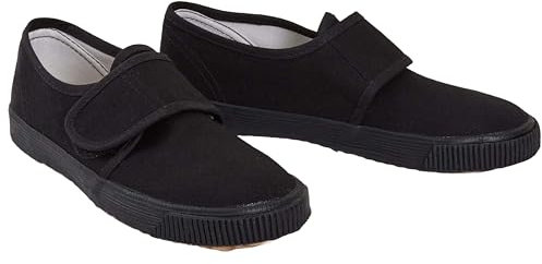 shelikes Girls Boys School PE Pumps Gym Black Trainers Touch Fastening Dance Plimsolls (Black, 2 UK)