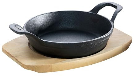 ALL'GRILL Gusseisenpfännchen mit 2 Griffen Ø 18 cm und Holzuntersetzer
