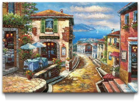 UTOP-art Coastal Cityscape Oil Painting Artwork: Italian Town Canvas Wall Art Mediterranean Style Street Painting for Living Room (45” x 30”)