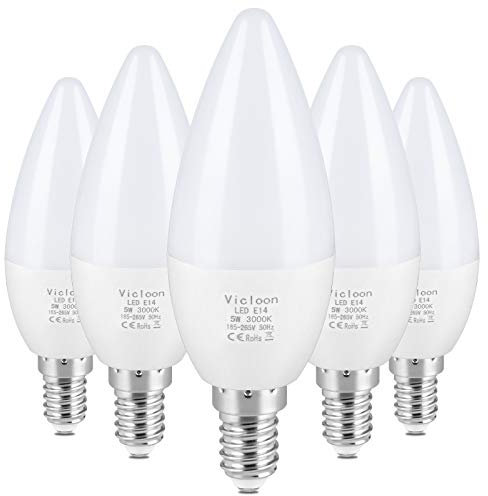 Vicloon Lampadine LED Candela, 5Pcs LED E14 Lampadine a Candela, 5.5W Equivalenti a 40W Lampadina a Incandescenza, 50W Lampadina Alogena, Luce Bianca Calda 3000K, 500LM, CRI>85+, C37, Non Dimmerabile