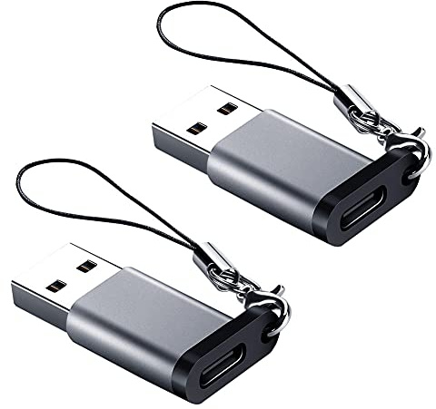 Seminer Adaptador USB C Hembra a USB A Macho (Paquete de 2) con Cordón, Adaptador USB Tipo C a USB A 3.0 Compatible con MacBook Pro 2020, Samsung, Computadora portátil, PC, Gris