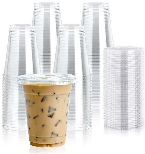 Lilymicky 90 Sets 16 oz Clear Plastic Cups With Flat Lids, 16 Ounce Disposable Drinking Cups With Lids for Ice Coffee, Smoothie, Slurpee, or Any Cold Drinks
