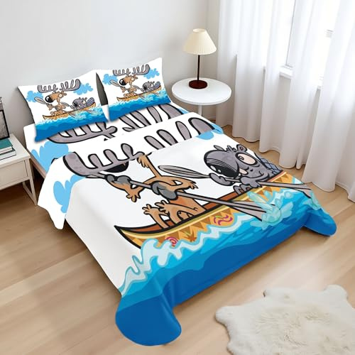 Ambesonne Moose Sheet Set, American Animals Boat Beaver Friend Canoe River Fun Native Characters Cartoon, Fitted and Flat Sheet with Pillowcases Bedding Accent 4 Piece Set, Calking, Blue White Brown