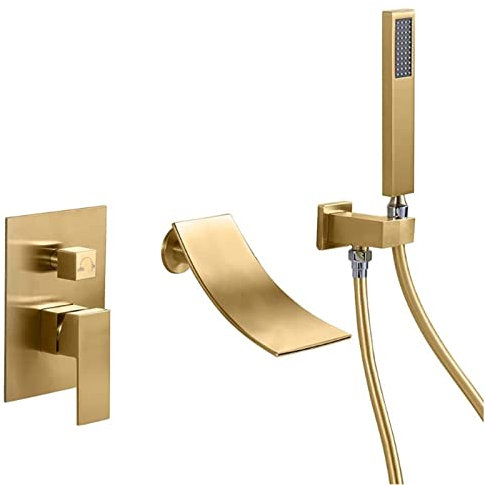 XJTNLB Badewannenarmatur Wasserfall mit Brause Einzelgriff Wasserhahn Badewanne Wand Armatur Badewanne Dusche,Gebürstetes Gold