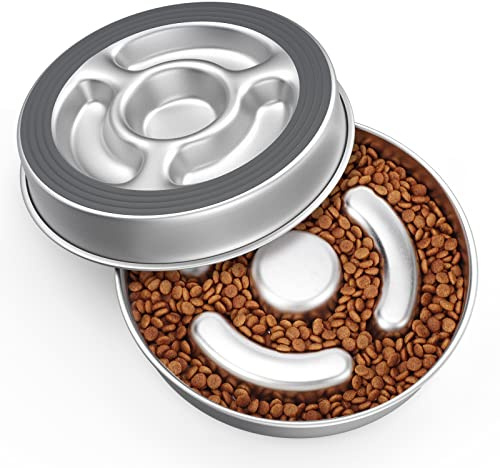AIPERRO Stainless Steel Non Slip Slow Feeder Dog Bowl, 4 Cups Metal Dog Food Bowls for Medium and Large Dogs, Fun Bloat Stop Pet Bowl Dogs Water Bowl for Fast Eaters, Slows Down Pets Eating