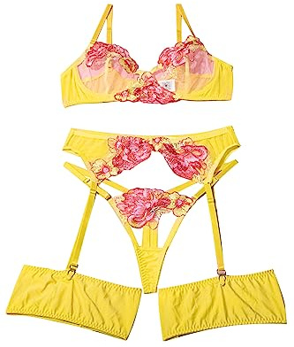Aranmei Set di Lingerie da Donna 4 Pezzi con Reggiseno con Ferretto in Pizzo Ricamato Floreale con Perizoma Fasce per Cosce e Reggicalze, Giallo, XL
