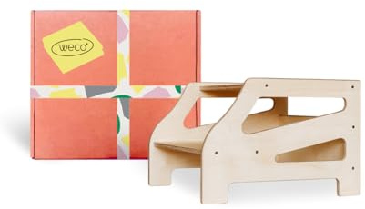 Weco Tritthocker mit 2 Stufen Streifendesign Holzhocker für Kinder Kindertreppchen Schemel Kindermöbel für Bad Küche Kinderzimmer ab 2 Jahre Toilettenhocker Hocker Holz Kinderzimmer Möbel (Klarlack)