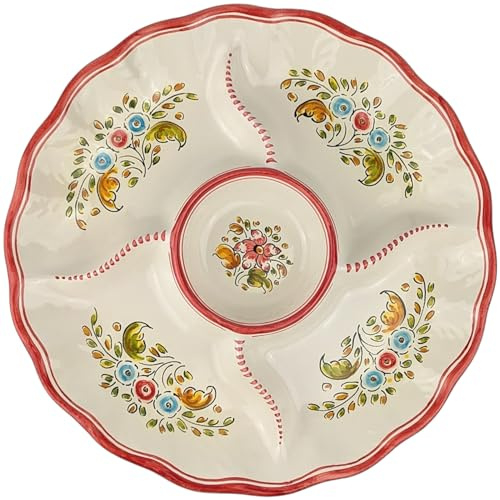 CERÁMICA GÓNFER | Plato Bandeja Aperitivos Snacks Guarniciones de Cerámica Artesanal Pintado a Mano| Diseño Flores Col. Margarita | Cerámica de Puente del Arzobiso | LA FÁBRICA DEL BARRO (Rojo)