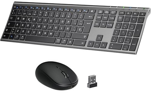 iClever Bluetooth/2.4G Teclado y Ratón DK03-QWERTY Español Teclado Ratón Inalámbrico, Recargable, Multidispositivo, Ergonómico, Tamaño Completo, Delgado para Mac, iPad, Apple, Android, Win