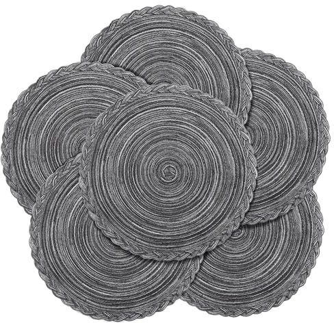 fanquare Runde Platzsets 6er Set Hitzebeständige Geflochtene Platzsets für Küchentisch 38cm Grau Runde Waschbare Tischsets