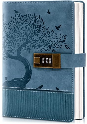 MINICAGIE Vintage-Tagebuch mit Schloss für Damen und Mädchen, 256 Seiten, Leder, Passwort-Tagebuch mit Schloss, A5, zum Schreiben, Notizen, für Jungen und Herren, 15 x 21 cm, Blau