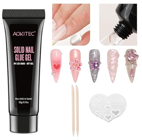 Aokitec Solid Nail Glue Gel - 20g Extra Strong for Press on Nails, 3D Nail Art With Silicone Mold, Non-sticky to Hands, UV Curing Needed