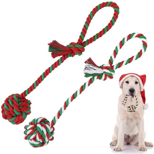 Vivifying Dog Rope Ball, Pack of 2 Braided Cotton Dog Toys Chewing Balls for Dogs Teeth Cleaning (Red, Green, White)