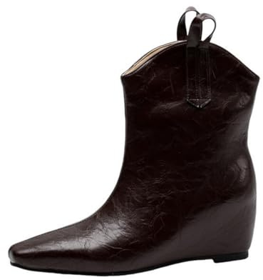 smlekwc Mujer Tacón De Cuña Piel Botines Punta Cuadrada Botas Vaqueras Occidentales Sin Cordones Botines Cortos De Pantorrilla Ancha,Marrón,39 EU