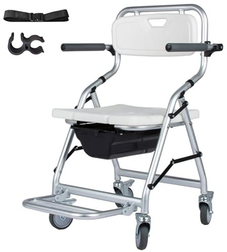 Miuxe Chaise Douche Mobile avec roulettes, Chaise De Transport Pliante, Chaise De Bain Roulante Siege Douche pour Personnes Handicapées, Personnes Âgées Et Blessées, Sangles De Sécurité Incluses