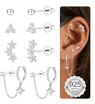 JeweBella 4 Pairs 925 Sterling Silver Gold Stud Hoop Earrings Set for Women 18K Gold Plated Chain Earrings Stacks Tragus Helix Piercing Jewellery Hypoallergenic Cartilage Earrings Set(Gold/Silver)
