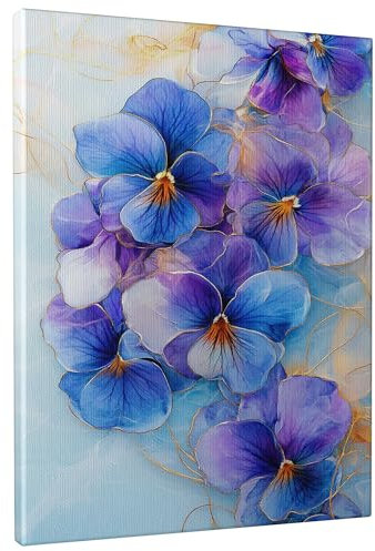 Lienzo floral de primavera, estampado de flores de pensamiento azul violeta, decoración abstracta de pared para sala de estar, dormitorio, baño, sin marco, decoración estética de 8 x 12 pulgadas