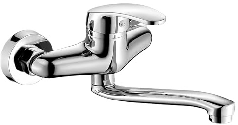 Robinet mural pivotant à 360° en acier inoxydable - Robinet de cuisine mural - Bras pivotant de 25 cm - Robinet de cuisine - Mitigeur monocommande froid et chaud - Pour montage mural