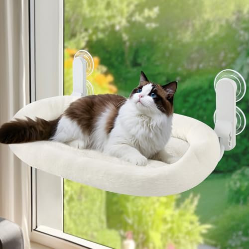 GUUSII HOME Katze Fensterliege Klappbares Katzenbett Fensterhängematte Fensterbank Hängematte Katzenliege Fensterbrett Fensterplatz Liegeplatz Katzen mit 4 Saugnäpfen einfach zu montieren (Weiß)