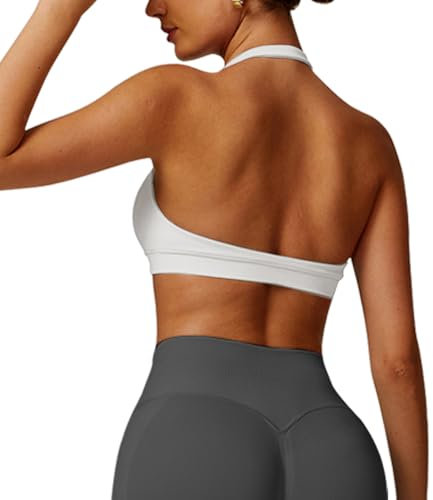 JN JANPRINT Workout Sports Bras for Women Halter Neck Running Bra Padded Open Back Seamless Bralette Gym Bra Yoga Crop Top White