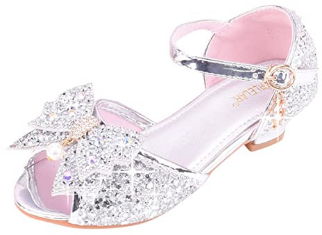 OBiQuzz Scarpe per bambini con sandali lucidi Principessa Scarpe Arco Tacchi Alti Mostra Scarpe da Principessa, argento, 28.5 EU
