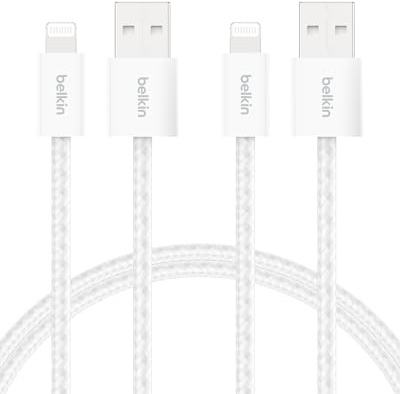 Belkin 2er-Pack geflochtenes USB-A Ladekabel mit Lightning Connector, 1,5 m, flexibles Schnellladekabel, Lightning iPhone kabel für iPhone 14 und ältere Modelle, iPad 9. Gen. und AirPods – Weiß