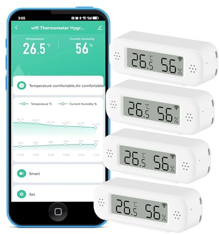 WLAN Thermometer Hygrometer: Smartes Temperatur- und Feuchtigkeitssensor, Echtzeit-Monitor, App-Benachrichtigung, Digitales Temperatursensor Innen, kompatibel mit Alexa/Google Home (4PCS)