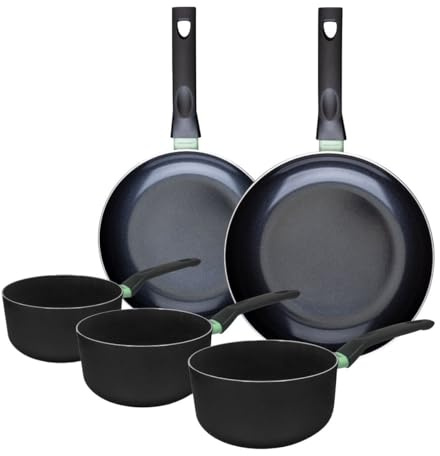 Fackelmann 9430750 Ensemble de 2 poêles de 24 et 28 cm et 3 casseroles 16, 18 et 20 cm, revêtement céramique antiadhésif, sans PFAS, tous feux, induction, four, Aluminium, Noir, Vert, 16, 18 et 20 cm