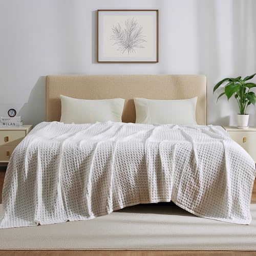 Aganear Cooling Blanket Queen Size for Hot Sleepers,Lightweight Cotton Summer Blanket of Rayon Derived from Bamboo.Waffle Weave Luxury Throws for Bed,Couch and Sofa.White,90x90 Inches