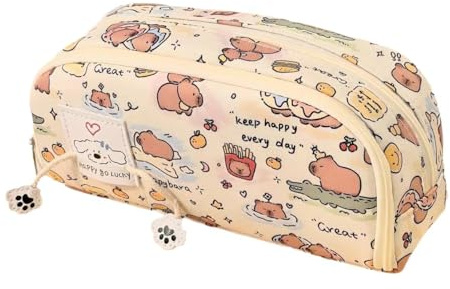 Qiwenr Cute Stationery Pencil Case, A Pencil Case with 2 Zippers, Large Capacity Double Layers, Personalised for Student, Can be Used as a Key Bag, Make up, Toy Bag(Apricot)