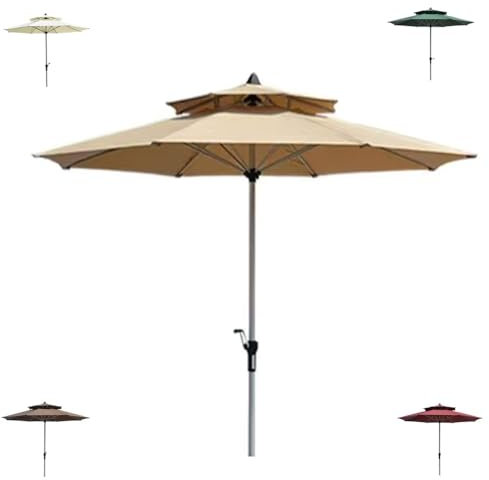 ZIUSFAC 270cm Parasol De Table De Marché Double Toit Parasol Droit Imperméable Parasol De Jardin avec Manivelle Protection UV Parasol D'Extérieur 8 Baleines Poteau en Aluminium(Khaki)