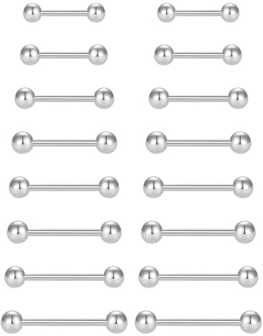JUKOTA Piercings Rectos,16 pcs 8 tamaños Piercing Pezón Lengua Anillos 14G Acero Inoxidable Recto Barbells Piercing Joyas,Piercing pezon,Piercing Lengua,Piercing Oreja