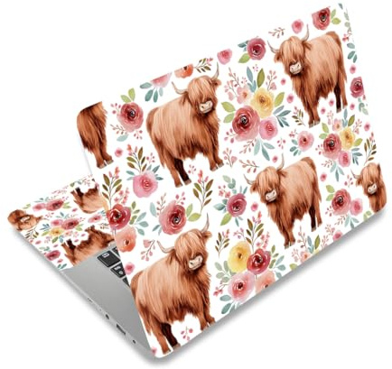 PLIGREAT Highland Cow Laptop Skin Sticker Pegatinas Tamaño Universal Apto para 12 13 13.3 14 15 pulgadas Laptop Extraíble Impermeable Flores Estéticas Notebook Pegatinas PC Película Protectora