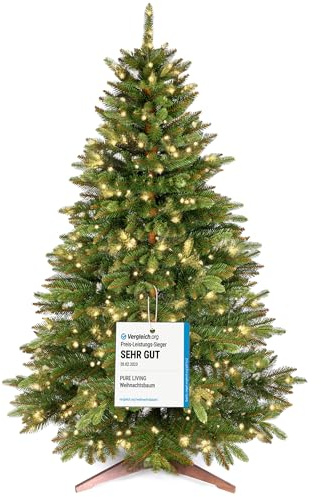 Premium Künstlicher Weihnachtsbaum mit Beleuchtung 180 cm – naturgetreuer Tannenbaum künstlich mit 440 warmweiß-goldenen LED, 8 Lichtmodi & Timer – Weihnachtsbaum LED mit Holzständer