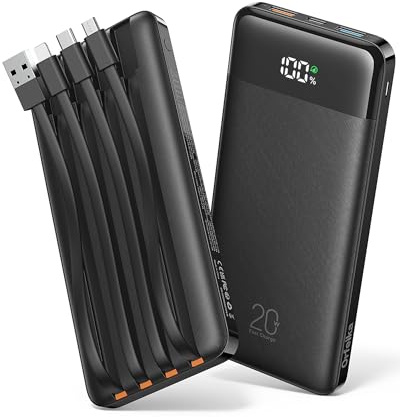 Orfeika 20000mAh Power Bank Fast Charging, PD 20W Portable Charger | Built-in 4 Cables, 6 output & 4 input, LED Display, Compatiable with iPhone/Samsung/Android/iPad, Travel Essentials(Black)