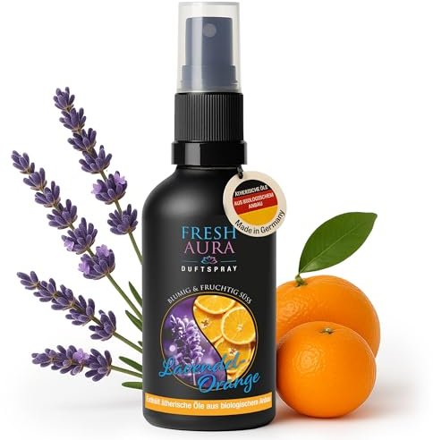 Fresh Aura Kissenspray & Raumspray Lavendel-Orange – Harmonischer Duft für Ruhe & Wohlgefühl – Natürlich, Natürliche Ätherische Öle – Made in Germany, 100 ml Glasflasche