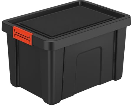 PALUPLUS Contenitore Multiuso Nero da 30 Litri, misura 46,5x36x27 cm, Scatola con Coperchio e Chiusura a Scatto Rossa Soft Touch, Box Impilabile per Garage, Fai da Te, Made in Italy -1631C -1,8