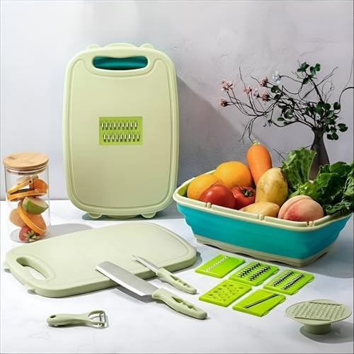 ZR Solutions 11‑in‑1 Foldable Chopping Board Multifunction Cutting Board Set with 5 Vegetable Cutters, Peeler, Mini Grater, 2 Knives & Drain Basket for Kitchen, Camping & Outdoors