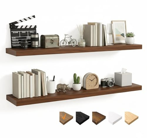 RICHER HOUSE Set med 2 flytande vägghyllor i trä, 100 cm med osynliga fästen för badrum, sovrum, kontor, vardagsrum, kök (valnöt, 100 x 23,5 x 3,8 cm)