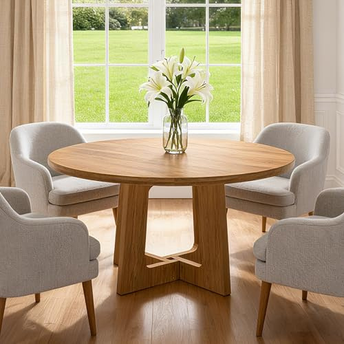 TWSOUL Runder Esstisch, 120 cm Esszimmertische, Runder Rustikaler Holztisch mit Modernem Geometrischem Gestell für Esszimmer Wohnzimmer, Rustikale Braune Optik, Küchentisch für 4-6 Personen