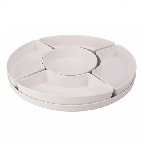 MIJOMA Servierplatte rund – 6 teiliges Schalen System mit Dipmulde – Snack und Dip Set für Tisch und Buffet – Weiß mit mattem Finish