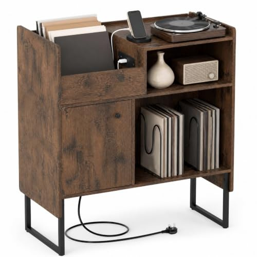 KOMFOTTEU Mueble para Tocadiscos con Estación de Carga y Divisores | Mesa para Tocadiscos con Armario con Puerta y Estante Abierto, Soporte de Discos de Vinilo con Orificio de Cables